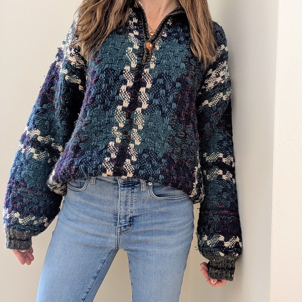 Vintage Plaid Waffle Stitch Button Front Wool Henley Sweater In Gray/Blue/Purple